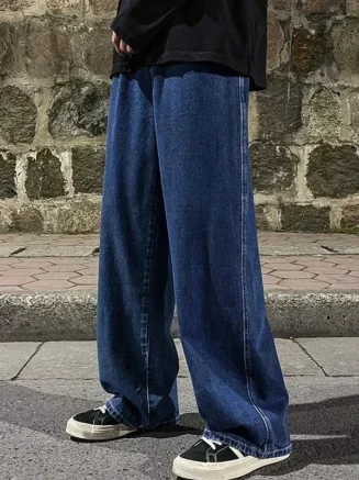 2025 New Korean Men's Casual Long Jeans Classic Man Straight Denim Wide-leg Pants Solid Color Light Blue Grey Black