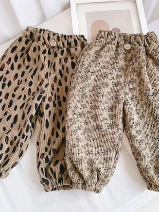 Spring Autumn Girls Korean Corduroy Floral Pants Thicken Fleece Warm Children Trousers Fashion Leopard Print Boys Pants Outwear