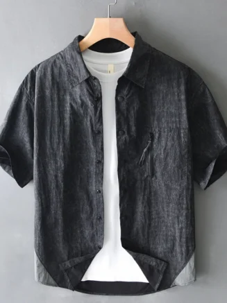 Men's summer Japanese retro simple lapel design short sleeved comfortable and versatile casual loose pocket decoration shirt