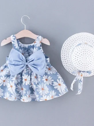 (Girls 0-3 Years Old) Summer New Girls Dress Floral Print Little Fresh Everyday Sweet Princess Dress with Bow