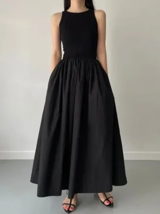 New Summer Simple Elegant Black Long Dresses For Women Round Neck Sleeveless High Waist Temperament Female Fashion Style Dress