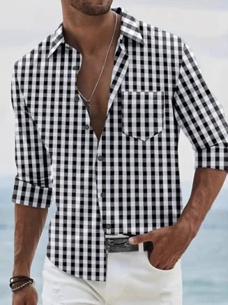 New British Retro Men Plaid Shirts Trendy Streetwear Hip Pop Pocket Long Sleeve Cardigan Tops Autumn Premium Check Blouse S-3XL