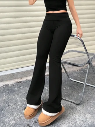 Women's High-Waisted Black Flared Leggings - Slim Stretchy Fit, Comfortable & Versatile Trousers for Dancing, Yoga & Casual Wear