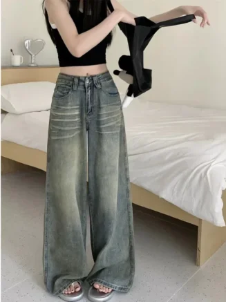 Vintage Wide-Leg Jeans Women's Loose-Fit High-Waisted Slimming Casual Straight-Leg Long Pants Trendy On The Ground