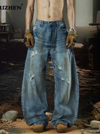 LUZHEN Wornout Patched Patchwork Tie-dyed Design Wide Leg Jeans Men 2025 New Trendy Streetwear Loose Vintage Denim Pants JY2455