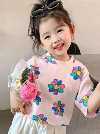 1pcs Summer Kids Flower Print Tops Clothes Girls Korean Style Shirt Children Short Sleeve T-shirts Child Casual Comfort T Shirs