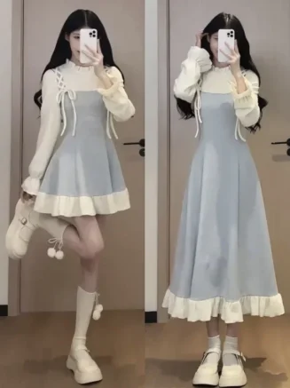 Sweet Short Mini Skirt Dress Women's Slim Fit Color Block Design Autumn Winter Fashion Casual Style Full Sleeve Regular Waist