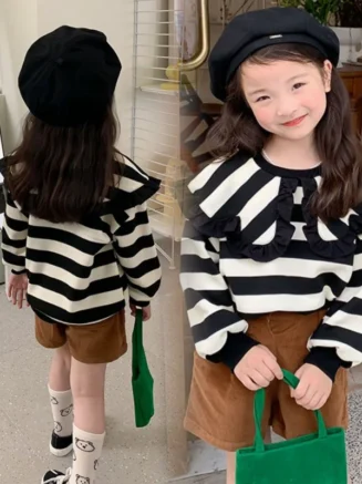 Hnq-Children's Sweet Large Lapel Sweater Autumn Girls' Striped Top3-8Children's Clothing One Piece Dropshipping