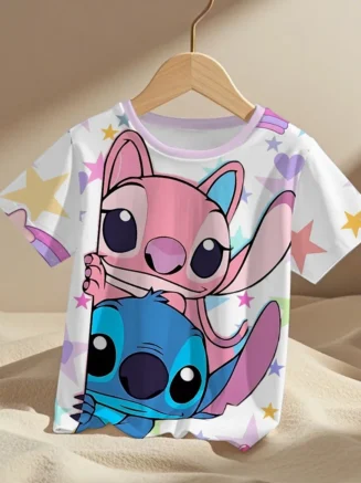 2025 Summer Disney Stitch 3d T Shirts Short Sleeve Children Boys Girls Stich Tops Cartoon Casual Clothes 1-14 Years Old T-Shirts