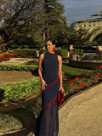 Elegant Summer New Women's Sleeveless Slit Long Dress Net Gown Floor-Length Empire Waist Skirt Style Fashionable And Chic