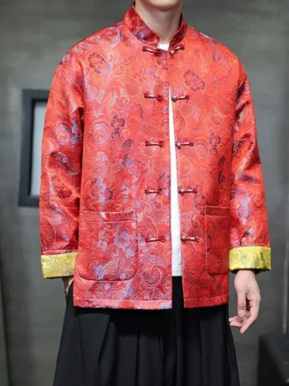 Retro Chinese Style Men's Long Sleeve Suede Jacket Autumn Winter Floral Embroidery Large Size Coat Traditional Tang Costume