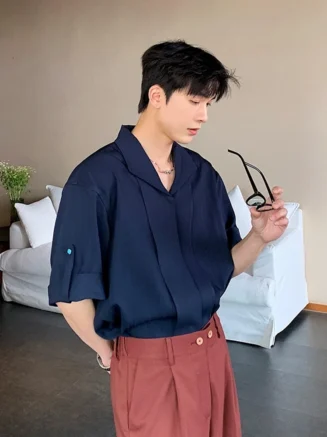Anti-Wrinkle Texture Men's ort Sve irt Summer High-End Feelings No Ironing CleanFit Top Korean Sle Loose Fit Casual ...