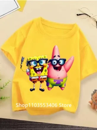 2024 New SpongeBob Summer T-shirt for Kids Boys and Girls Short Sleeve Cartoon Print Kids T-shirt
