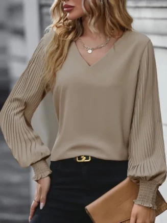 Tops for Women Dressy Casual Ruffle Cuff Pleated Long Sleeve V-Neck Shirt Fall Streetwear