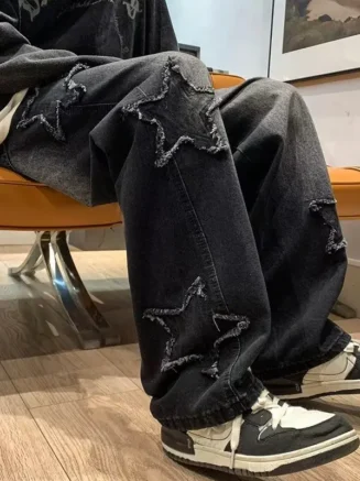 American HIPHOP Star Jeans Men's High Street Trendy Brand Loose Straight Leg Wide Leg Pants Street Trend Versatile Pants