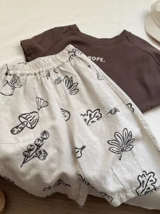 Retro Literary the Children's Printed Trousers Baby Boys and Girls Light Hundred Casual Trousers Summer Wear