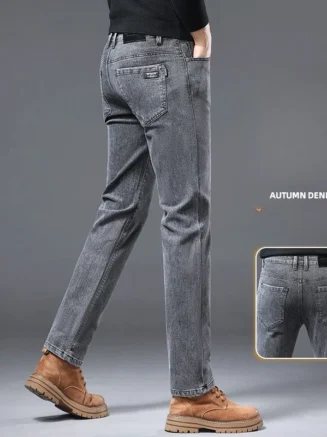 Autumn Winter Black Grey Thick Jeans Men's Business Slim Fit Straight Casual Pants Trousers High-quality Men's Long Trousers