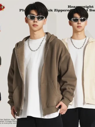 ZODF New Winter Men Zipper Fleece Hoodies Unisex Loose Heavy Weight Thick Warm Basic 420gsm Hooded Coats Hoodie HY0747