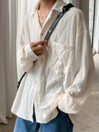Luxury Niche Hollow Design Sensibility Shirt Men's Trendy Ins Casual Vest Loose Fit Long Sleeve Tweed Style Jacket