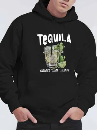 Men'S Hoodie "Tequila Cheaper Than Therapy" Design Casual Long Sleeve Pullover with Pocket, Outdoor Hoodies Comfortable Hoodie