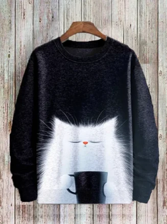 New Simple Japanese Style Graphic Cat Men's 3D Print Hoodie Streetwear Hoodies Long Sleeve Crew Neck Loose Sweatshirts Pullovers
