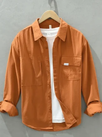 Cargo Shirt Men Spring Autumn Double Pocket Long Sleeve Shirts Male Casual Pure Cotton Orange Shirt Japanese Fashion Loose Shirt