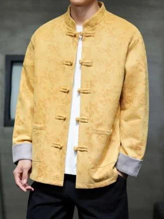 New Chinese Sle irt Jaet Men's Casual Coat with Embroidered Buttoned Hidden Pattern Tang Suit Outerwear for Men
