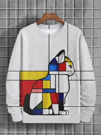 New Simple Japanese Style Graphic Cat Men's 3D Print Hoodie Streetwear Hoodies Long Sleeve Crew Neck Loose Sweatshirts Pullovers