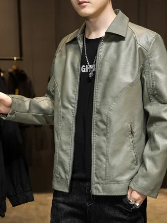 Korean Fashion Casual Men PU Leather Jacket Turn-down Collar Slim Fitting Male Clothes Comfort Windproof Outerwear Spring New
