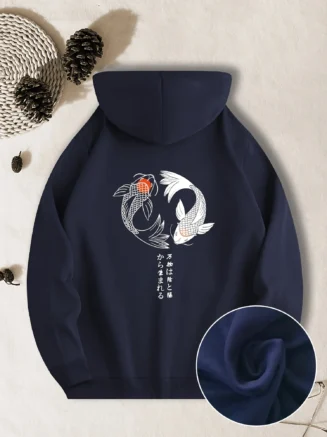 Men's Casual Hoodie Geometric Fish Design Polyester Machine Washable Kangaroo Pocket Regular Fit Female Streetwear casual sports