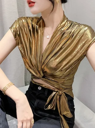 Street wear Gold Silver Green Shinny Short Sleeve Blouse Women Sexy Irregular Short Wrap Shirt Female Bandage Summer Tops