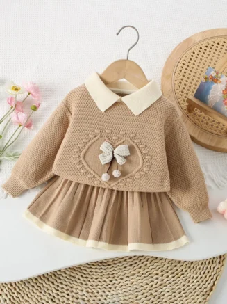 MILANCEL New Autumn Kids Sweater Set 9M-5T Cute Bow Girls Knitted Pullover +Skirts Korean Version Children Fall Knit Outfit