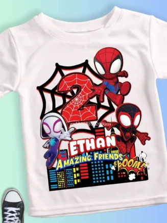 Summer Kid 2 3 4 5 6 7 8 9 Spider Man and His Friends Birthday White Shirt Spider-Man Customized Name Birthday Party Boy T-shirt
