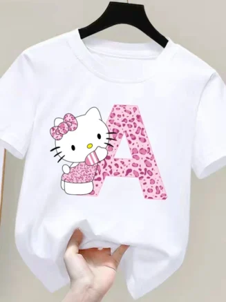 Hello Kitty Letter A-Z Children's Cotton Short-sleeved Top Sanrio Summer T-shirt Girly Heart Soft Clothes Kawaii Birthday Gift