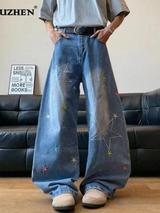 LUZHEN Colorful Five-pointed Star Printed Wide Leg Loose Casual Denim Pants Men's 2025 New Washed High Quality Male Jeans JY2974