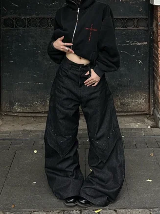 Black Jeans Women American Style Y2K 90S Vintage High Waisted Jean Straight Trouser Streetwear Casual Loose Wide Leg Denim Pants
