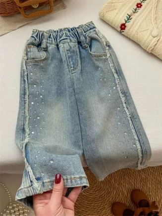 Girls Jeans Spring Wide Leg Pants Fashionable and Exquisite Rhinestone Sparkling Long Pants Fashionable Straight Leg Pants