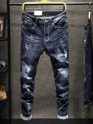 2025 New Ripped Jeans Men Slim-fit Denim Pants Cotton Korean Style Fashion Elasticity Versatile Blue Black Men's Clothing